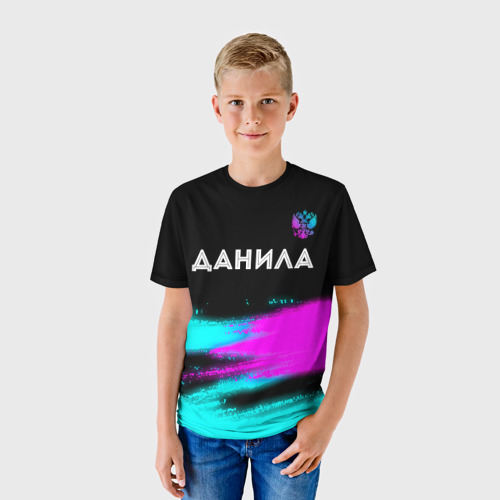 Детская футболка 3D Данила и неоновый герб России посередине, цвет 3D печать - фото 3