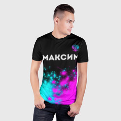 Мужская футболка 3D Slim Максим и неоновый герб России посередине - фото 2