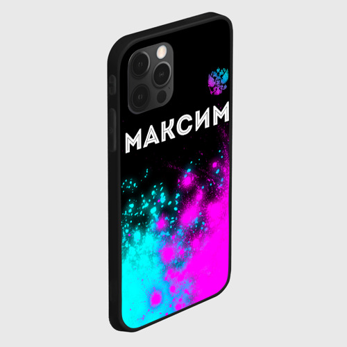 Чехол для iPhone 12 Pro с принтом Максим и неоновый герб России посередине, вид сбоку #3