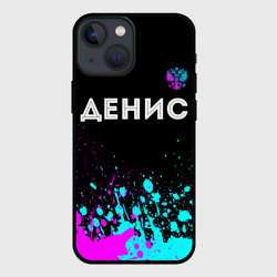 Чехол для iPhone 13 mini Денис и неоновый герб России посередине