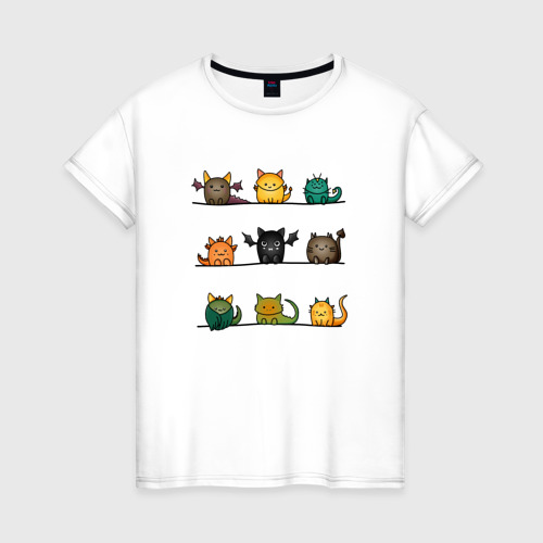 Женская футболка из хлопка с принтом Кошки дракошки, вид спереди №1
