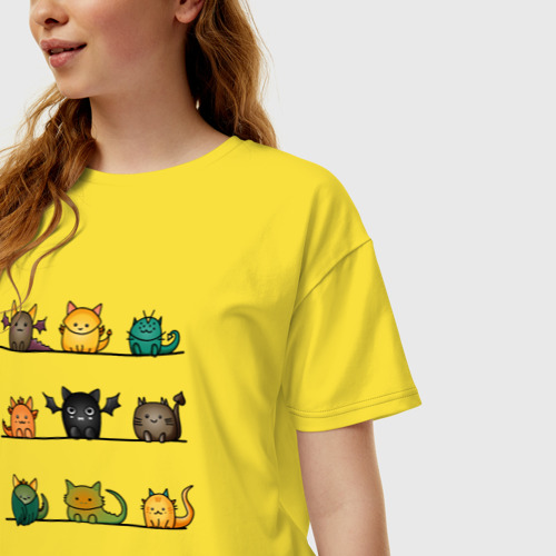 Женская футболка хлопок Oversize Кошки дракошки, цвет желтый - фото 3
