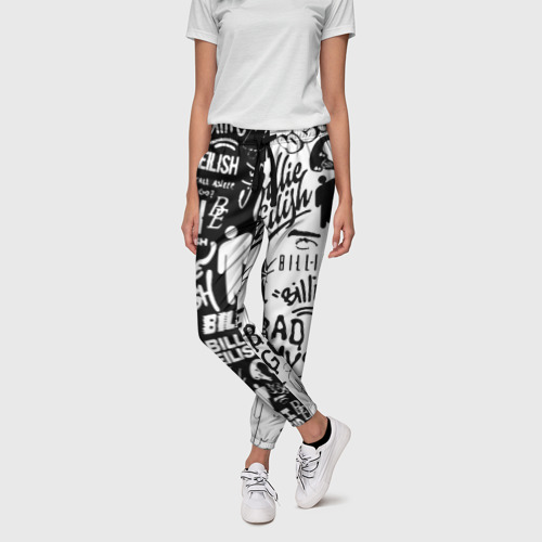 Женские брюки 3D с принтом Billie Eilish чернобелые битва лого, фото на моделе #1