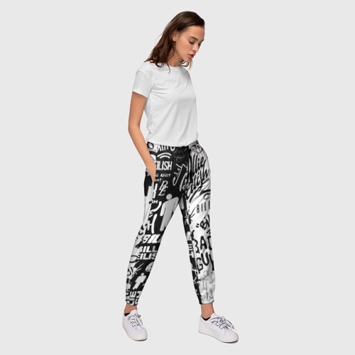 Женские брюки 3D с принтом Billie Eilish чернобелые битва лого, вид сбоку #3
