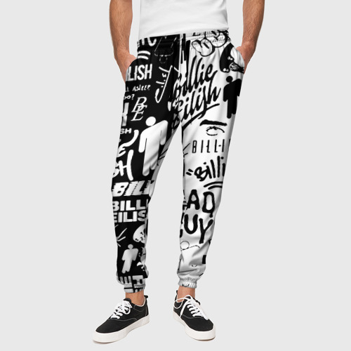 Мужские брюки 3D Billie Eilish чернобелые битва лого, цвет 3D печать - фото 4