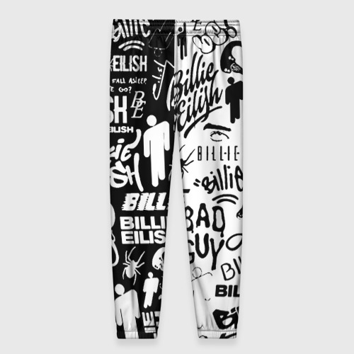 Женские брюки 3D с принтом Billie Eilish чернобелые битва лого, вид сзади #1