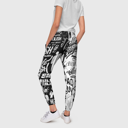 Женские брюки 3D с принтом Billie Eilish чернобелые битва лого, вид сзади #2