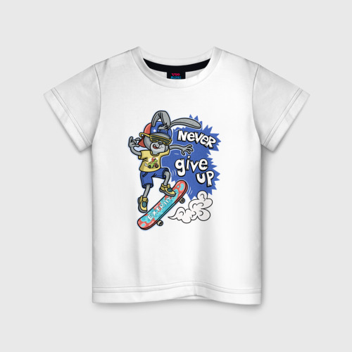 Детская футболка из хлопка с принтом Заяц на скейтборде - never give up, вид спереди №1