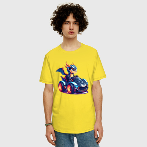 Мужская футболка хлопок Oversize Дракончик на спортивном автомобиле, цвет желтый - фото 3