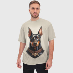 Мужская футболка oversize 3D Доберман в ошейнике на бежевом фоне - фото 2