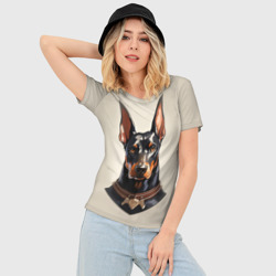 Женская футболка 3D Slim Доберман в ошейнике на бежевом фоне - фото 2