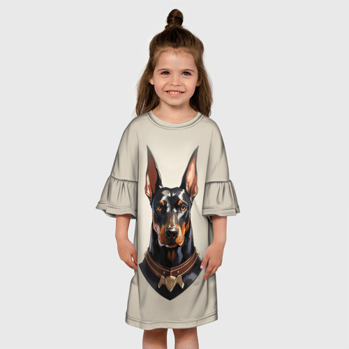 Детское платье 3D с принтом Доберман в ошейнике на бежевом фоне, вид сбоку #3