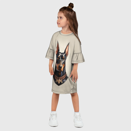 Детское платье 3D с принтом Доберман в ошейнике на бежевом фоне, фото на моделе #1