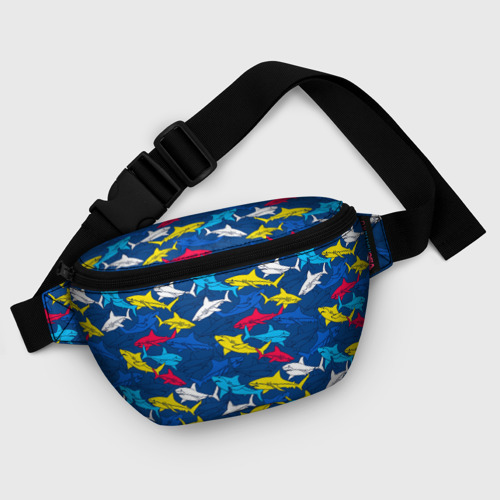 Поясная сумка 3D с принтом Разноцветные акулы на глубине, фото #5