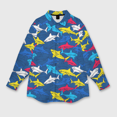 Мужская рубашка oversize 3D с принтом Разноцветные акулы на глубине, вид спереди #2