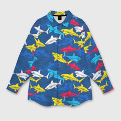 Женская рубашка oversize 3D Разноцветные акулы на глубине