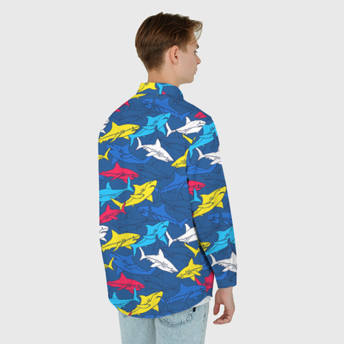 Мужская рубашка oversize 3D с принтом Разноцветные акулы на глубине, вид сзади #2