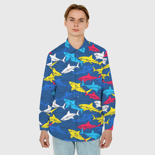 Мужская рубашка oversize 3D с принтом Разноцветные акулы на глубине, фото на моделе #1