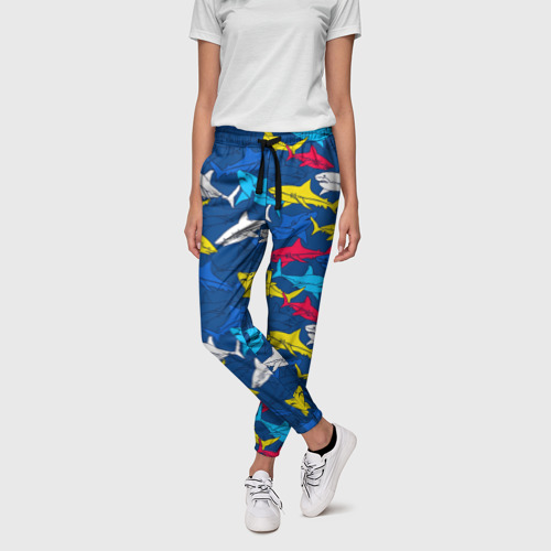 Женские брюки 3D с принтом Разноцветные акулы на глубине, фото на моделе #1