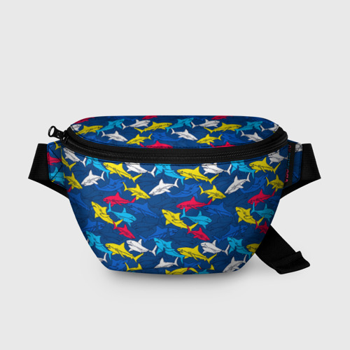 Поясная сумка 3D с принтом Разноцветные акулы на глубине, вид спереди #2