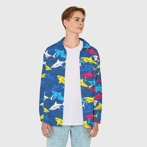 Мужская рубашка oversize 3D с принтом Разноцветные акулы на глубине, вид сбоку #3