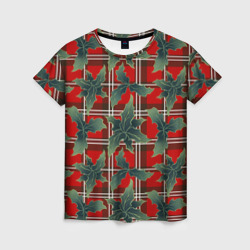 Женская футболка 3D Листья остролиста на красной шотландке