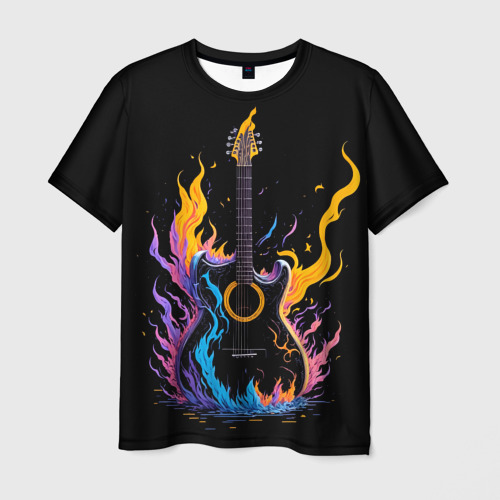 Мужская футболка с принтом Гитара в неоновом огне, вид спереди №1