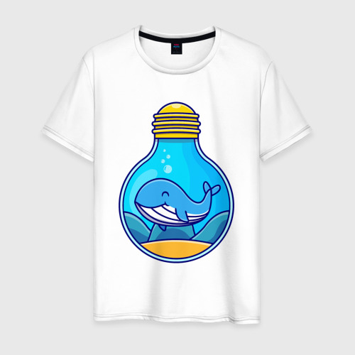 Мужская футболка из хлопка с принтом Синий кит в лампочке, вид спереди №1