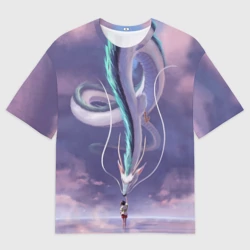 Женская футболка oversize 3D Унесенные призраками- дракон и девочка