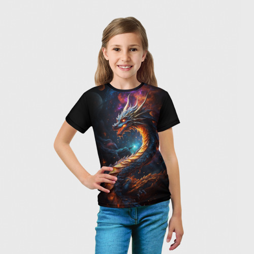 Детская футболка 3D с принтом Китайский дракон и космос, вид сбоку #3