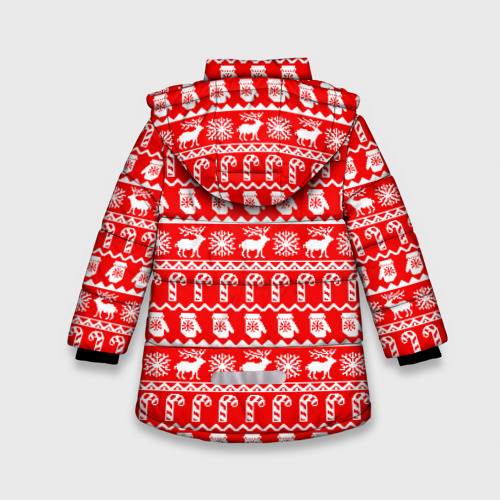 Зимняя куртка для девочек 3D с принтом Новогодний узор с оленями и снежинками, вид сзади #1
