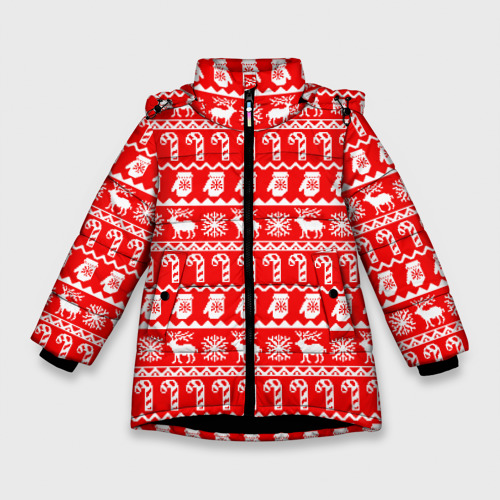 Зимняя куртка для девочек 3D с принтом Новогодний узор с оленями и снежинками, вид спереди #2
