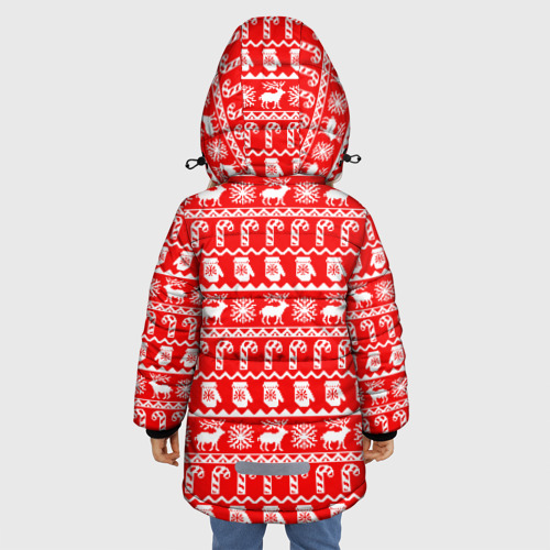 Зимняя куртка для девочек 3D с принтом Новогодний узор с оленями и снежинками, вид сзади #2