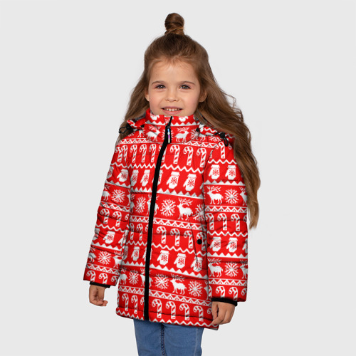 Зимняя куртка для девочек 3D с принтом Новогодний узор с оленями и снежинками, фото на моделе #1