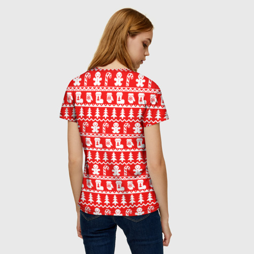 Женская футболка 3D Новогодний узор с пряничными человечками и елками, цвет 3D печать - фото 4