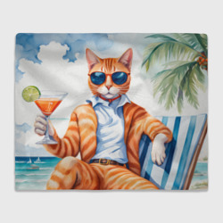 Рыжий кот с коктейлем у моря под пальмами – Плед 3D с принтом купить со скидкой в -14%