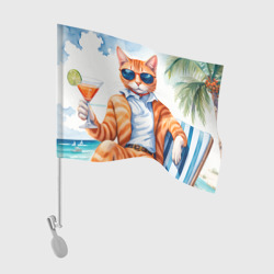 Флаг для автомобиля Рыжий кот с коктейлем у моря под пальмами