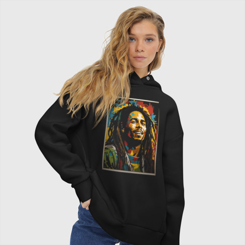 Женское худи Oversize хлопок Боб Марли портрет, цвет черный - фото 4