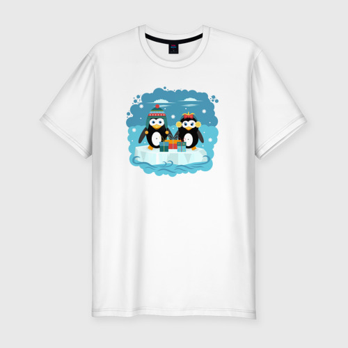 Мужская футболка хлопок Slim с принтом Пингвины с подарками плывут на льдине, вид спереди #2