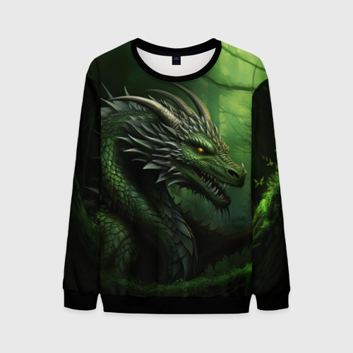 Мужской свитшот 3D Зеленый  дракон символ 2024, цвет черный