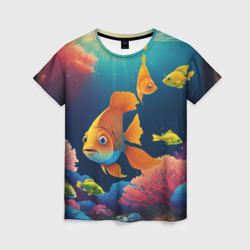 Женская футболка 3D Оранжевые рыбки и кораллы под водой