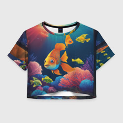 Женская футболка Crop-top 3D Оранжевые рыбки и кораллы под водой