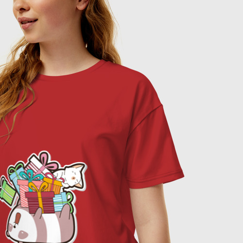 Женская футболка хлопок Oversize Панда и котик, цвет красный - фото 3