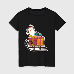 Женская футболка хлопок Котик на санях