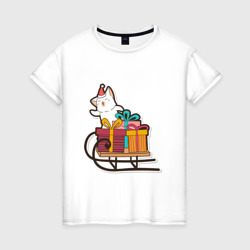 Котик на санях – Женская футболка хлопок с принтом купить со скидкой в -20%