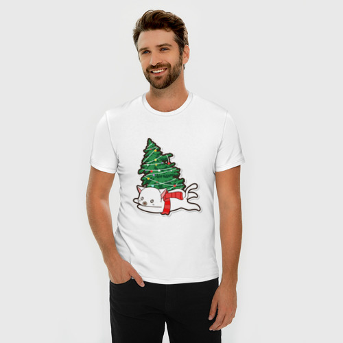 Мужская футболка хлопок Slim Котик против елки, цвет белый - фото 3