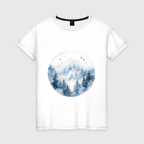 Женская футболка из хлопка с принтом Горы в тумане в круге, вид спереди №1