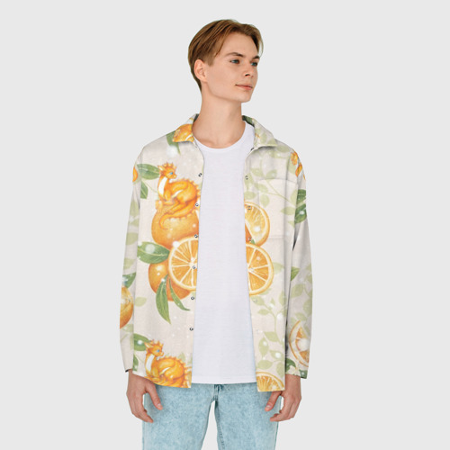Мужская рубашка oversize 3D с принтом Мандариновое настроение оранжевый дракон, вид сбоку #3