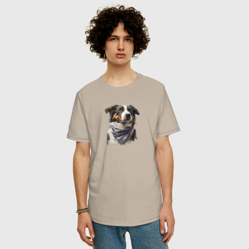 Мужская футболка хлопок Oversize Австралийская овчарка с шейным платком, цвет миндальный - фото 3