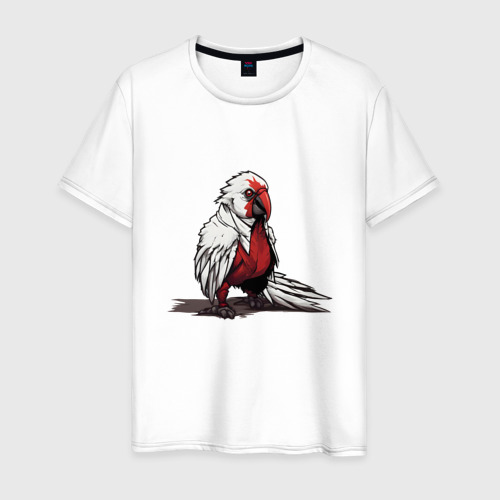 Мужская футболка из хлопка с принтом Красный попугай, вид спереди №1